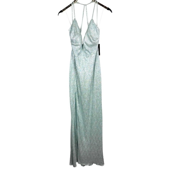 AIDEN MADDOX CELADON FOIL METALLIC KNIT STRAPPY V-NECK LONG FORMAL GOWN DRESS - Picture 3 of 15